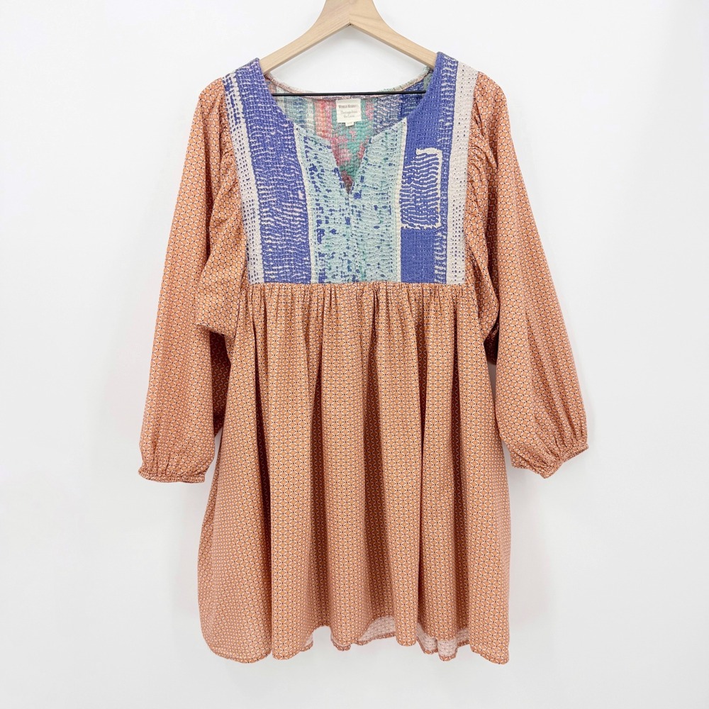 World Market Tunic Dress Kantha Quilted Yoke Boho Orange S/M Artisan Cotton
